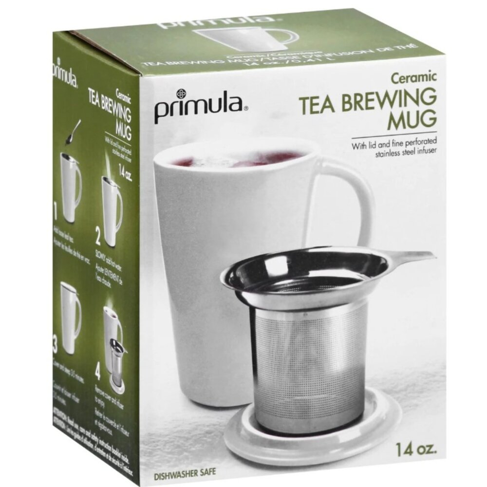 2 NEW Primula White 14 oz Tea Brewing Ceramic Mugs with Infusers - Picture 3 of 4
